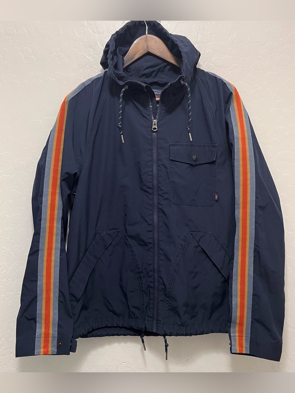 Faherty All Conditions Hooded Jacket Navy Blue Retro Stripe Sleeve Men's Size M